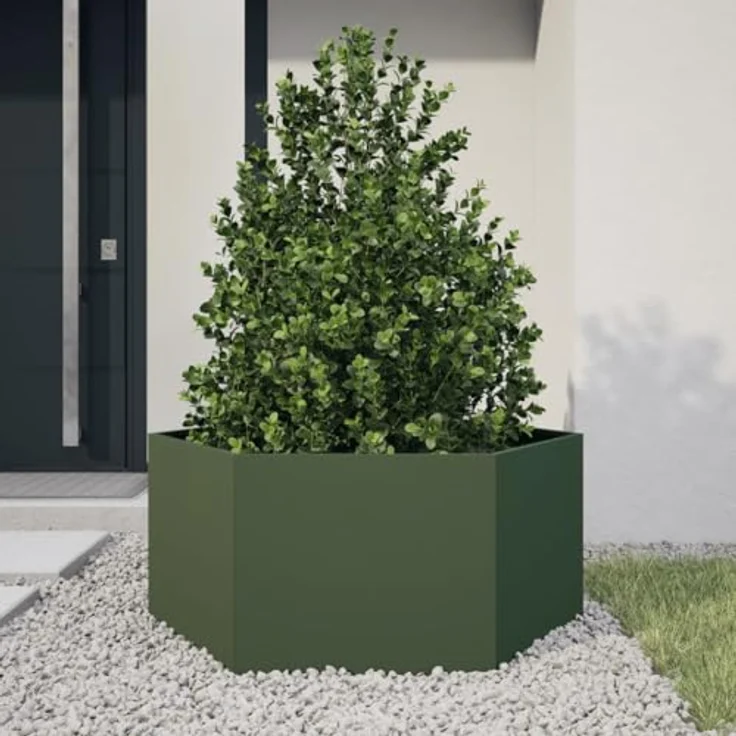 vidaXL Pflanzkübel Olivgrün Sechseckig 104x90x45 Stahl - Witterungsbeständiger Gartenkübel mit viel Platz – Bild 2