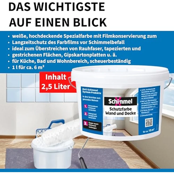 Schimmel X Schimmel-X Schutzfarbe, hochdeckende Wandfarbe für innen, weiß, 2,5 L – Bild 3