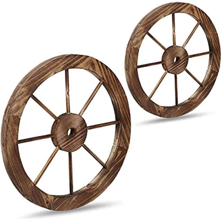 Relaxdays Wagenrad aus Holz, 2er Set, Deko für Garten, Terrasse, Veranda, rustikales Speichenrad, Saloon, Western, braun – Bild 1
