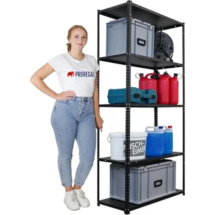 Proregal Metallregal Schraubregal Haldor, 180 x 90 x 40 cm, 5 höhenverstellbare Böden, Traglast 100 kg pro Boden, Schwarz – Bild 3