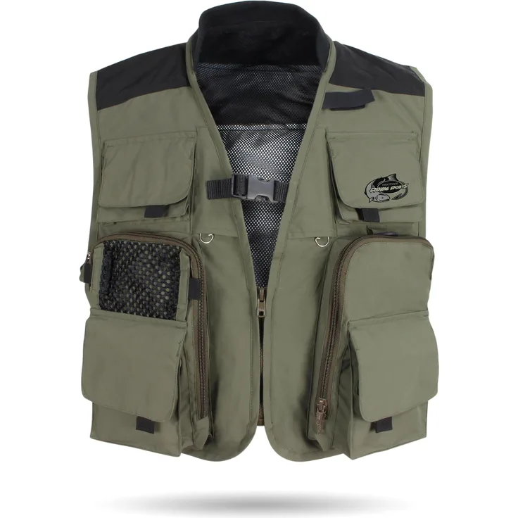 Normani Anglerweste Manta, Herrenjacke mit wasserabweisendem Obermaterial, verstellbaren Riemen und vielseitigen Taschen, Grün, L