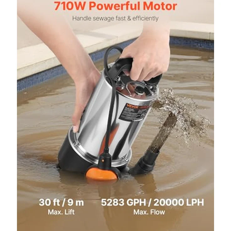 VEVOR 710W Tauchpumpe, 20000l/h Schmutzwasserpumpe mit automatischem Schwimmerschalter, 9m Förderhöhe für Pools und Teiche, Edelstahlgehäuse IPX8 – Bild 2
