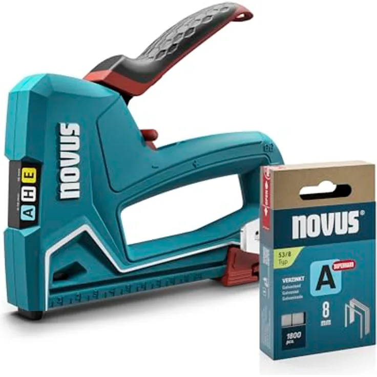 Novus Tools Handtacker J-50 Set + 1800 Feindrahtklammern A Typ 53 - Profi-Tacker zur Befestigung von Geweben, Stoffen und Zierleisten - für Nägel 16 mm und Feindrahtklammern 6-14 mm