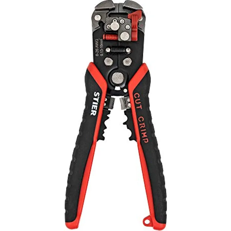 STIER Automatik-Schneid-, Crimp- und Abisolierzange mit Stromprüfer, Kabelabisolierer, Kabel Abisolierwerkzeug, Entisolierzange, cable cutter, wirestripper, Entmantler, ergonomisch isoliert, schwarz/rot