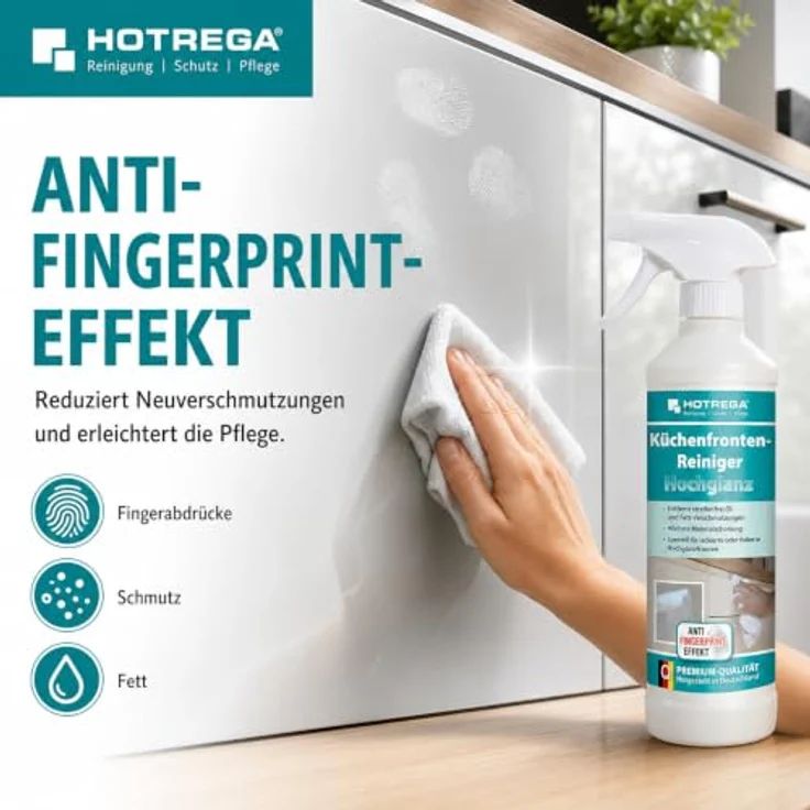 HOTREGA® Küchenfronten Reiniger, Hochglanz-Oberflächen 500ml mit Anti-Fingerprint Effekt inkl. Microfasertuch – Bild 3