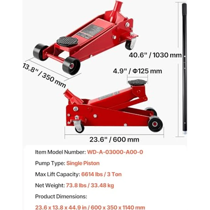 VEVOR Hydraulischer Rangierwagenheber 3 t, Flacher Stahlwagenheber mit Einkolben-Schnellhubpumpe und 13–50 cm Hubbereich, Rennwagenheber in Rot – Bild 7