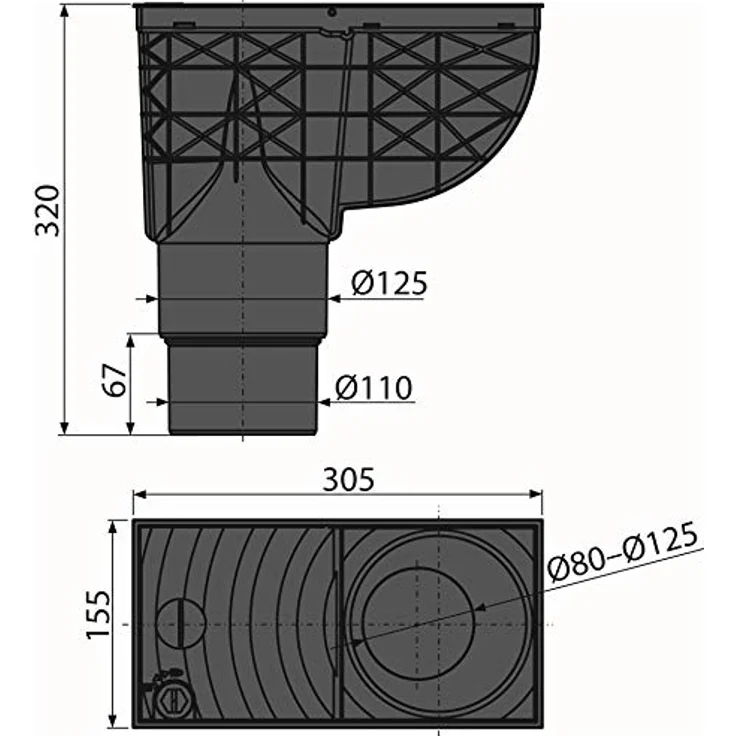 Alcaplast Universal Regensinkkasten, Dachrinnenablauf für Regenwasser, Ø80-125mm Einlauf, DN125/110mm Ablauf, schwarz – Bild 2