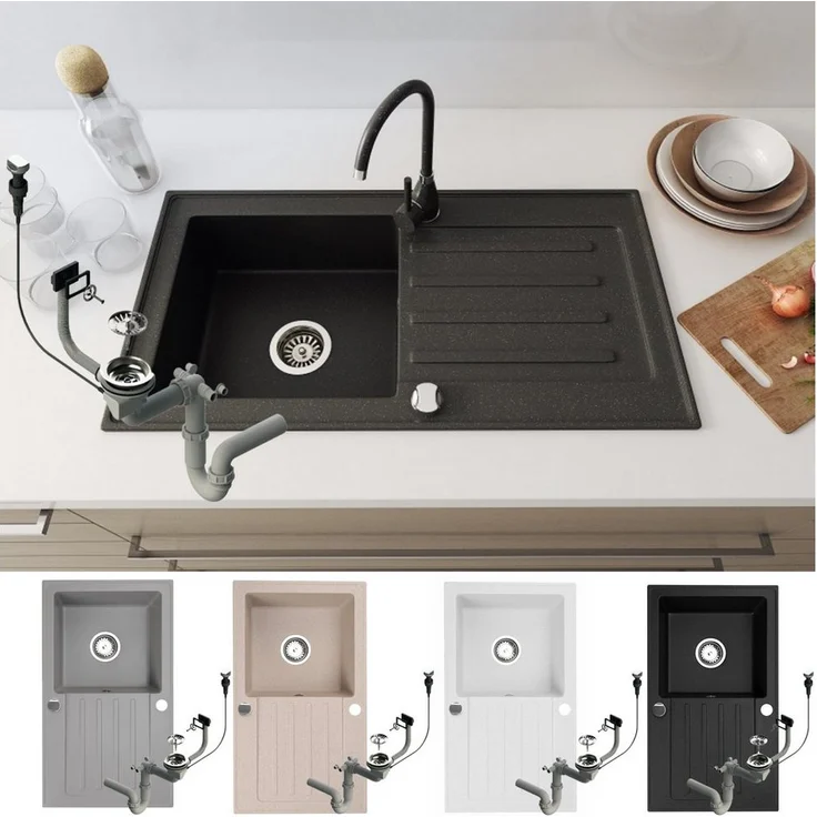 Faizee Möbel Granitspüle Einbauspüle Küche 76×44 Athena, Eckig, 76/44 cm, Matt Schwarz - Preisvergleich