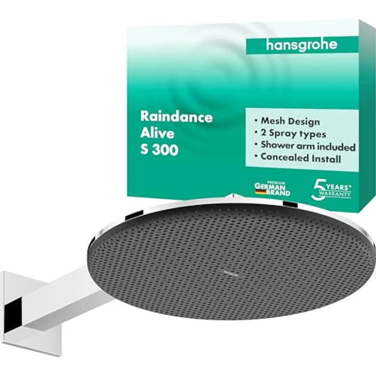 hansgrohe Raindance Alive S, Duschbrause mit 300 mm Regendusche, Anti-Kalk-Funktion und 2 Strahlarten, glänzendes Chrom und grafitfarbene Strahlplatte, für Wandmontage, 10.10 l/min – Bild 1
