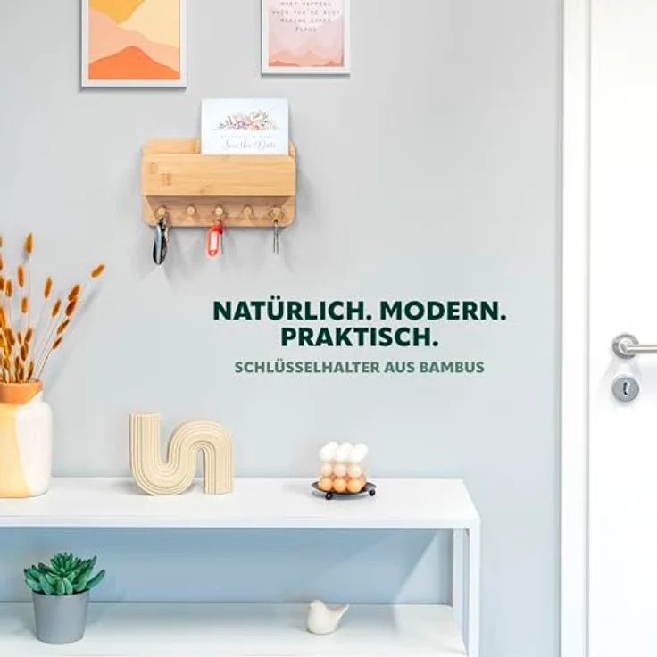 eluno Schlüsselkasten Schlüsselbrett mit Ablage und 5 Schlüsselhaken aus Bambus, modernes Design, zur Wandmontage – Bild 2