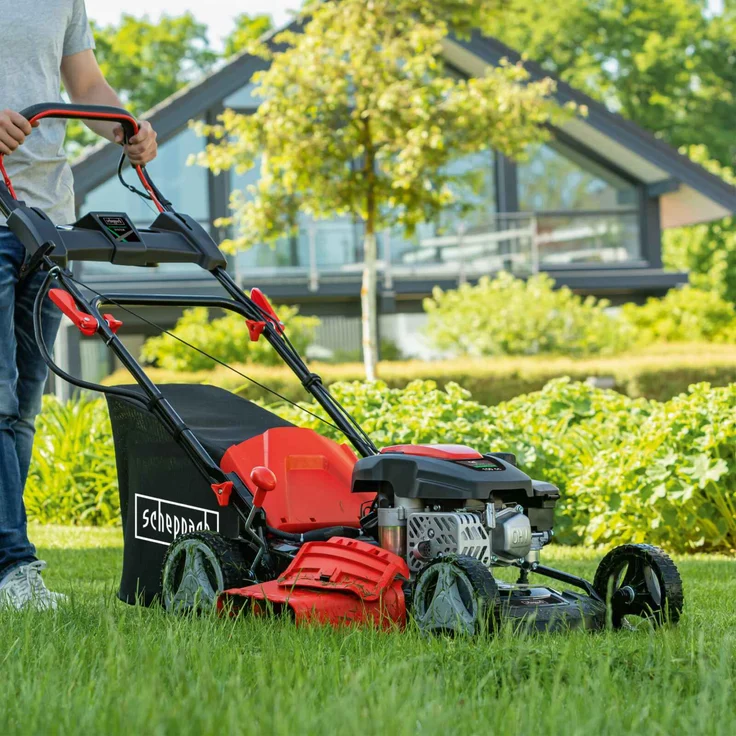 Scheppach MS150-46E Benzin Rasenmäher mit E-Start | 46cm Schnittbreite | Reinigungsfunktion | 55 Liter Fangkorb | Stahlgehäuse | 7-stufige Höhenverstellung | Mulchfunktion | Radantrieb | Seitenauswurf – Bild 2