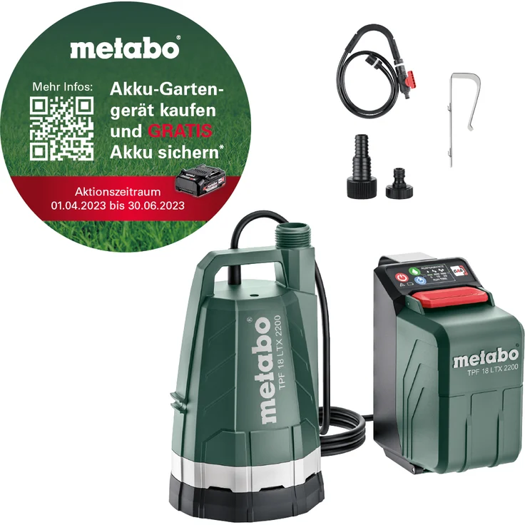Metabo TPF 18 LTX 2200 Akku Tauchpumpe Regenfasspumpe 18 V (18 Volt, Li-Ion, Timerfunktion, automatischer Trockenlaufschutz, Flachabsaugend) ohne Akku und Ladegerät, im Karton – Bild 1