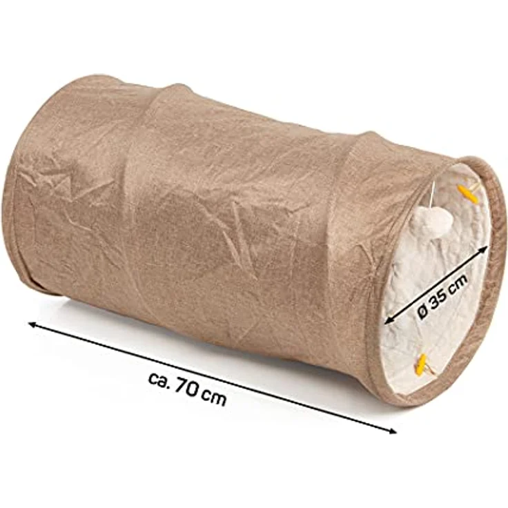 CanadianCat Company | Spieltunnel für Katzen mit Kuschelfell | beige | ca. 35 x 70 cm - Variable Form, integriertes Katzenspielzeug – Bild 3