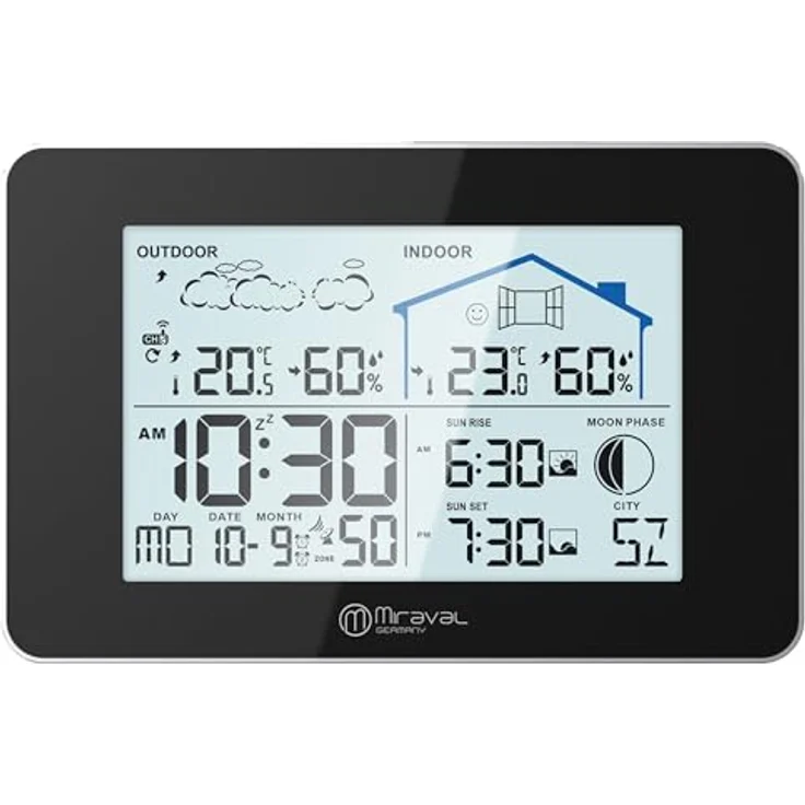 Miraval Funkwetterstation mit Außensensor, modernes Design, Datumsanzeige, Mondphase, Sonnenaufgang, Luftfeuchtigkeit, 2 Alarme mit Licht, großer Display (Schwarz) – Bild 2