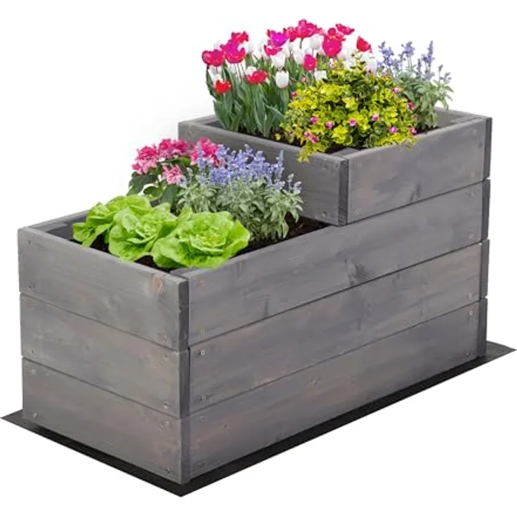 MODO24 Hochbeet Holz, 2-stufiger Pflanzkasten für Gemüse und Kräuter, mit Gartenvlies und Schrauben, Grau, 36x30x63 cm