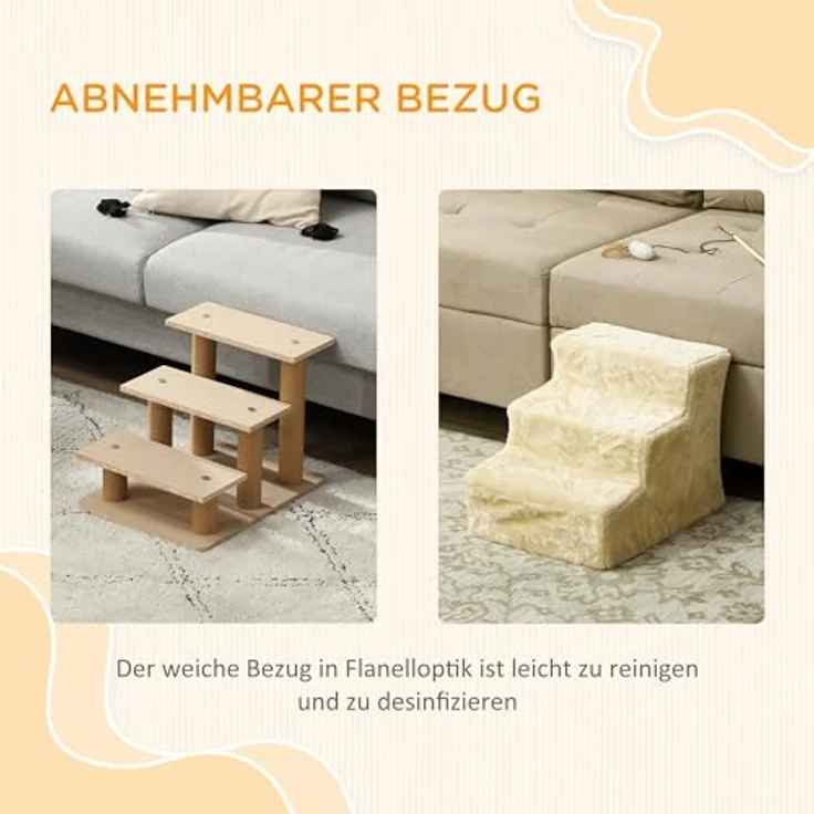 PawHut Hundetreppe 3-stufig, 35 cm Katzentreppe für Bett und Sofa, Haustiertreppe für Hunde und Katzen bis 5 kg, Plüschoptik, Beige. – Bild 4