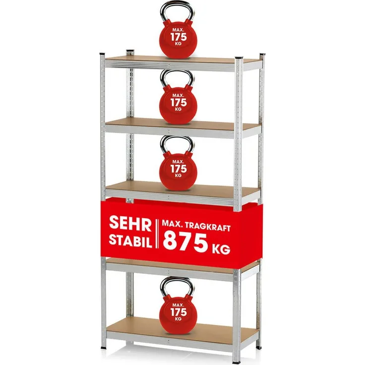 EASYmaxx Schwerlastregal 180x90x40 cm, 875 kg Traglast, 175 kg pro Ebene, Regal und Werkbank, Kellerregal Lagerregal, 5 verstellbare Ablagen