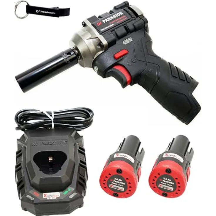 HEADNMORE® Bundle - PARKSIDE PERFORMANCE® 12V ½ Akku Schlagschrauber PPDSSA 12 + Schlüsselanhänger (2x2Ah Akku) - Bürstenloser Motor, 4 Drehmomentstufen, LED-Arbeitsleuchte, inkl. Zubehör und Transportkoffer