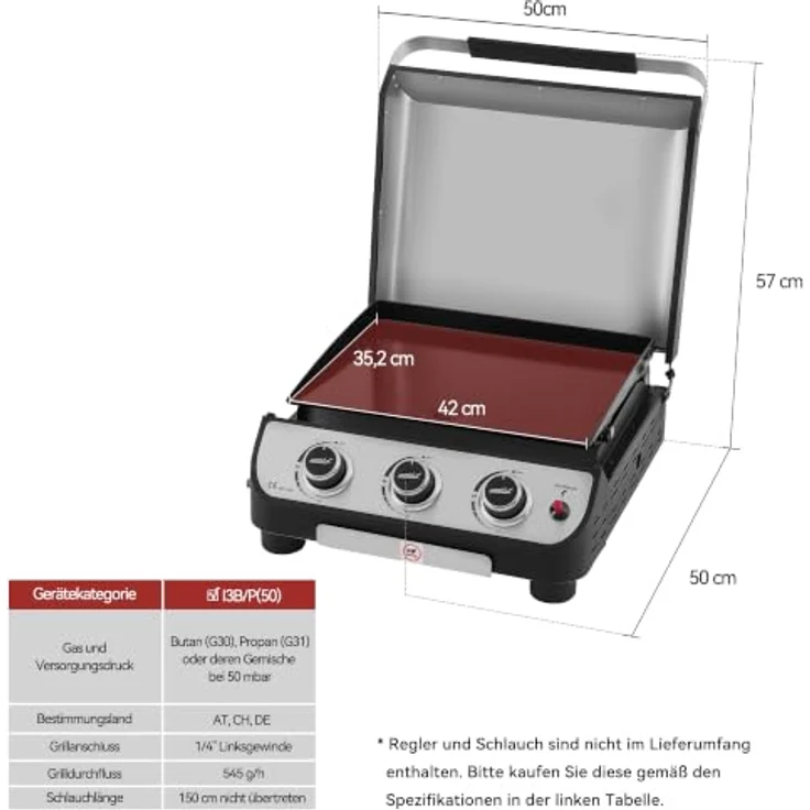 Royal Gourmet Gasgrill 3 Brenner Plancha Tischgrill, emaillierte Bratplatte, komfortabler Deckelgriff, batterie­freie Piezozündung, verstellbare Standfüße – Bild 4