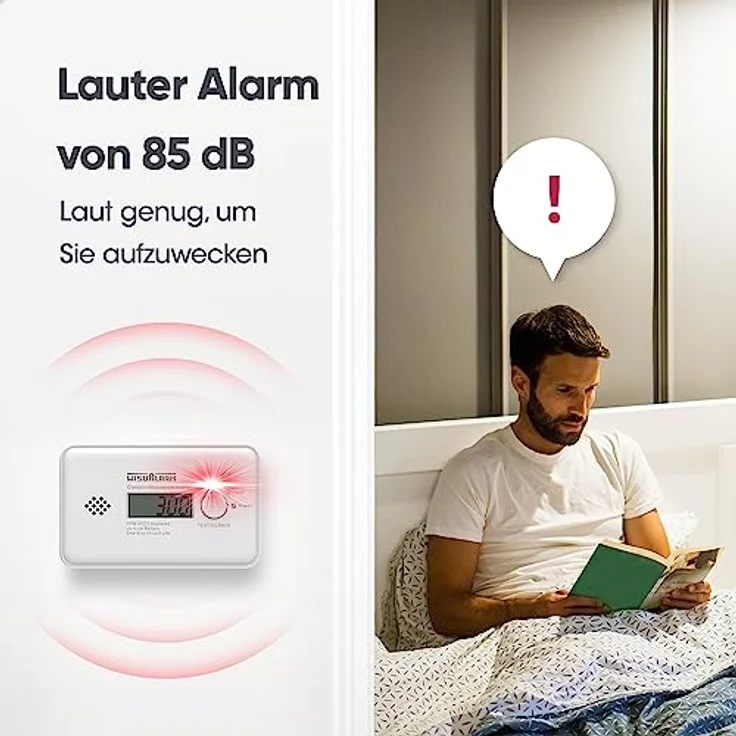 WISUALARM Kohlenmonoxid Melder, 10 Jahre CO Messgerät mit LCD Display, Test/Silence Taste, TÜV Zertifiziert nach EN 50291, hoher Alarmton über 85 dB – Bild 4