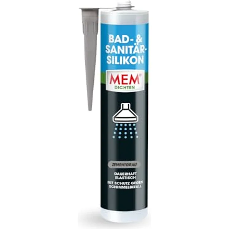 MEM Bad- & Sanitär-Silikon, Dauerhaft elastischer Silikon-Dichtstoff mit Schutz gegen Schimmelbefall, Im Innen- und Außenbereich, Gebrauchsfertig, Lösemittelfrei, 300 ml Kartusche, Zementgrau – Bild 1