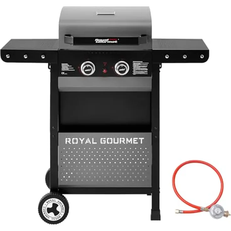 Royal Gourmet 2-Brenner Gasgrill, 5 kW Grillwagen mit klappbaren Seitenablagen, Ablagekorb und Thermometer für Balkon, Terrasse, Garten und Camping