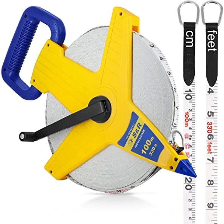 S&R Bandmaß Fiberglas 100m / 330 Ft-Fuß doppelt markiert, Rollband Breite 13mm, Roll Maßband mit Metallring und Zentrierspitze - Preisvergleich – Bild 1