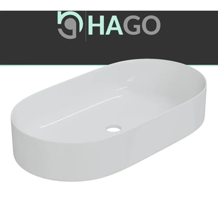 HAGO Aufsatzwaschbecken Keramik 60x38cm oval weiß schmaler Rand kratzfest Waschschale Becken – Bild 8