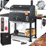 KESSER® Grillwagen BBQ Smoker XXL Holzkohlegrill mit Thermometer, Abdeckhaube & 8 Spießen, Schwarz