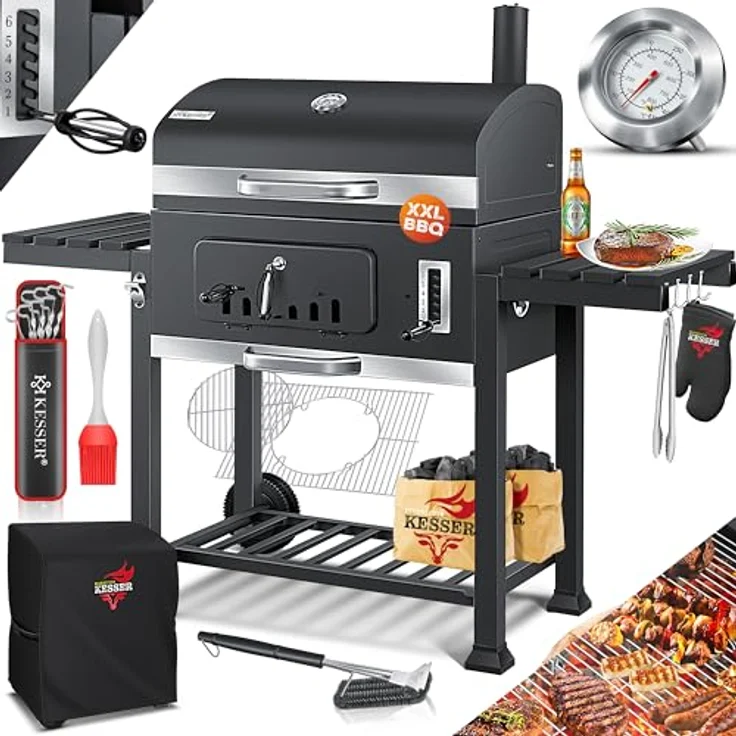 KESSER® Grillwagen BBQ Smoker XXL Holzkohlegrill mit Thermometer, Abdeckhaube & 8 Spießen, Schwarz – Bild 1