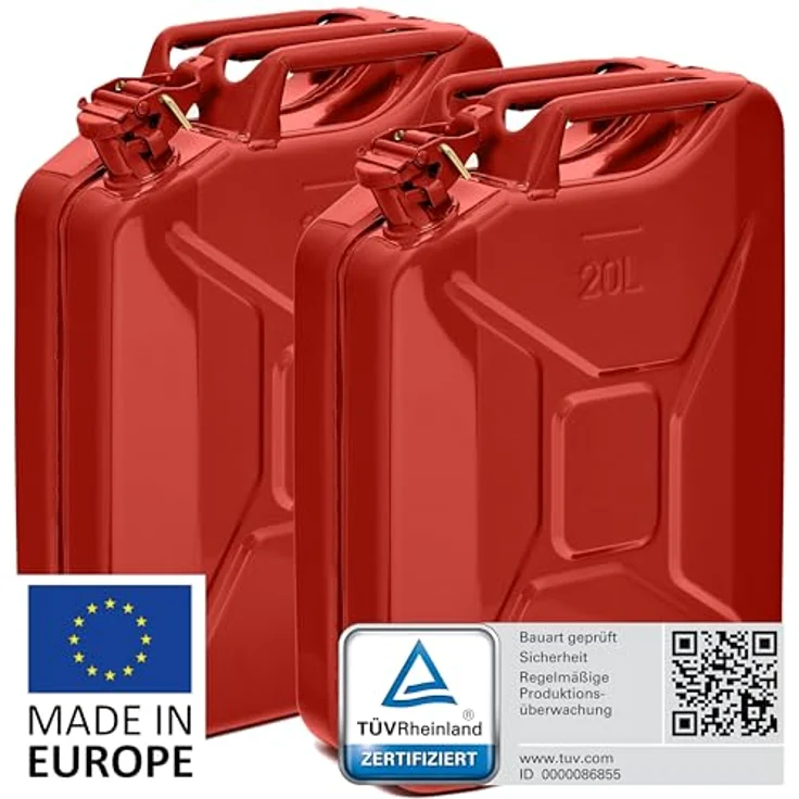 BW® Benzinkanister Metall 2x 20 Liter, Roter Kraftstoffkanister RAL 3000, TÜV-geprüft, UN-zugelassen, 0,9mm Stahl nach DIN 7274 für Benzin, Diesel, E10 und 2-Takt-Gemische, Made in Europe – Bild 2