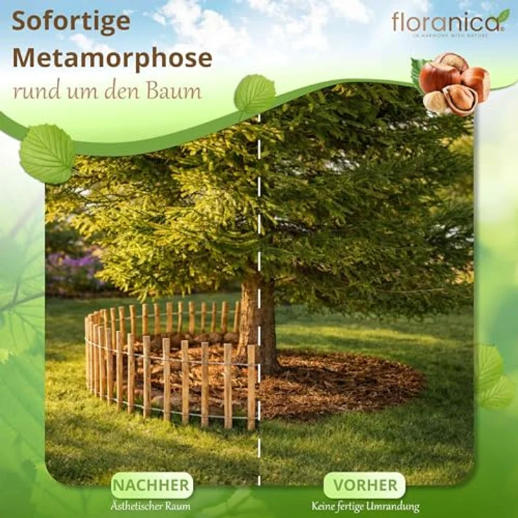 Pemicont Floranica Haselnuss Staketenzaun 35 cm hoch, biologisch abbaubarer Gartenzaun mit 8-10 cm Lattenabstand, handgefertigter Holz Jägerzaun für Teiche und Beete – Bild 5