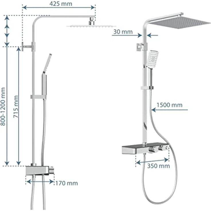 Schütte OCEAN Duschsystem mit Thermostat und Glasablage-Duschset mit 30x30cm, Regendusche mit Wandhalterung und Duschkopf-Duschpaneel Duschsäule in Chrom/Anthrazit 60531 – Bild 5