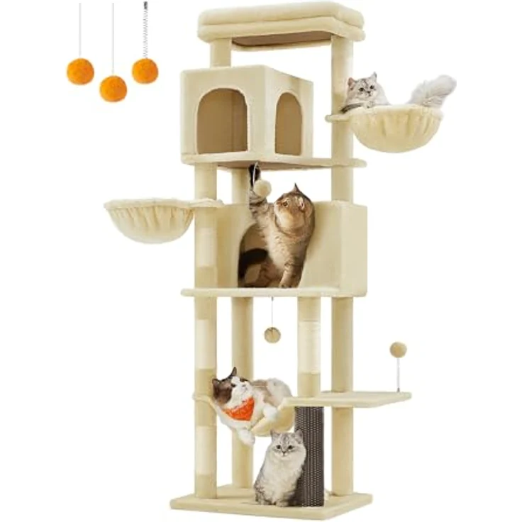 Feandrea Kratzbaum XL, 175 cm hoch, mit 2 Höhlen, 2 Liegemulden, 5 Kratzsäulen, Katzenbürste, sandbeige – Bild 1