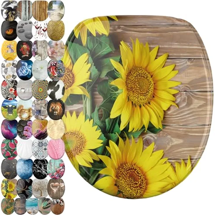 Sanilo WC Sitz Sunflower, Holz-Toilettendeckel mit Absenkautomatik und antibakterieller Oberfläche, 47 x 37,7 cm
