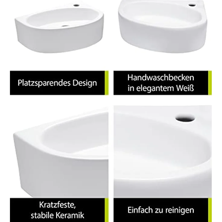 'aquaSu® Handwaschbecken Liam 42 cm | Eck-Waschtisch mit Hahnloch | Kleines Hänge-Waschbecken rund | Wand- oder Aufsatzmontage | 42 x 29 cm | Sanitärkeramik in weiß | 56218 8 – Bild 2