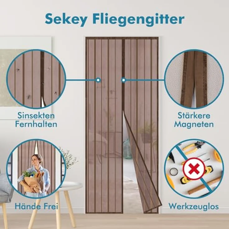 Sekey Magnet Fliegengitter Balkontür, Fliegenschutzvorhang ohne Bohren, Schiebetür Insektenschutz 100x220cm, Braun – Bild 2