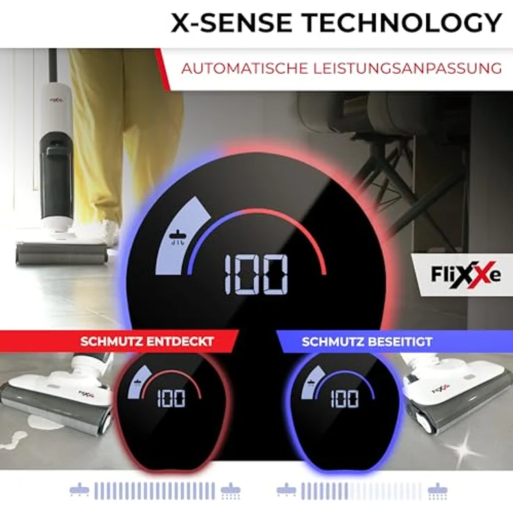 Flixxe 2x2 Squizlle Nass-Trockensauger - kabellos, 150W, 30 Min Laufzeit, LED-Display, Selbstreinigung, X-Sense Technologie, Zwei-Tank-System, Tierhaar-Entfernung, beidseitige Kantenreinigung - schwarz – Bild 2