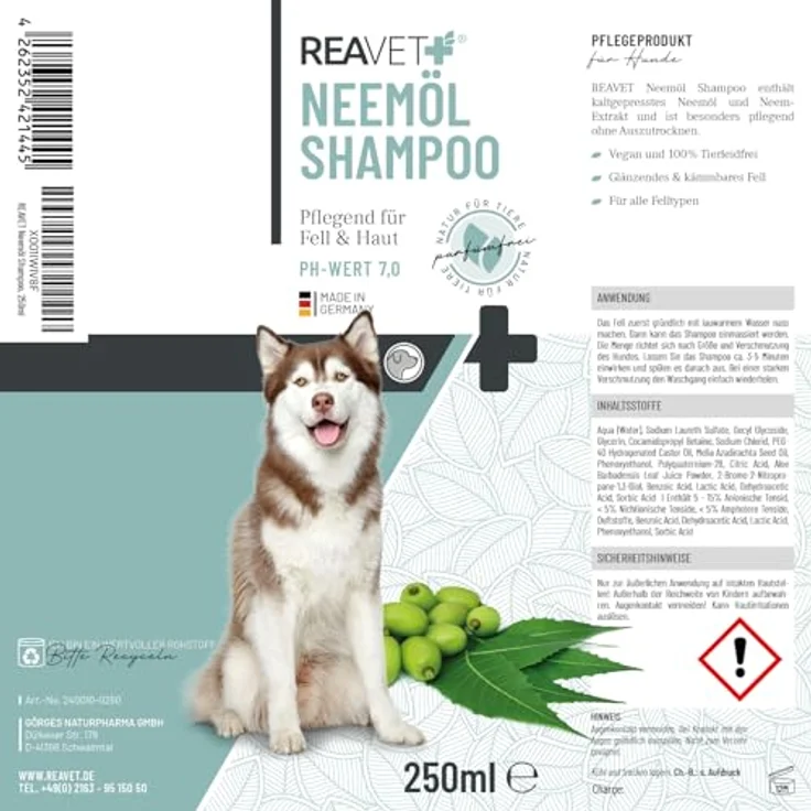 TESTURTEIL SEHR GUT 09/23 ReaVET Hundeshampoo - Neemöl gegen Milben, Flöhe, Zecken & Parasiten, 250 ml - Parasiten Shampoo, alle Rassen, angenehmen Duft & auf Hundehaut angepasst, Welpen geeignet – Bild 5