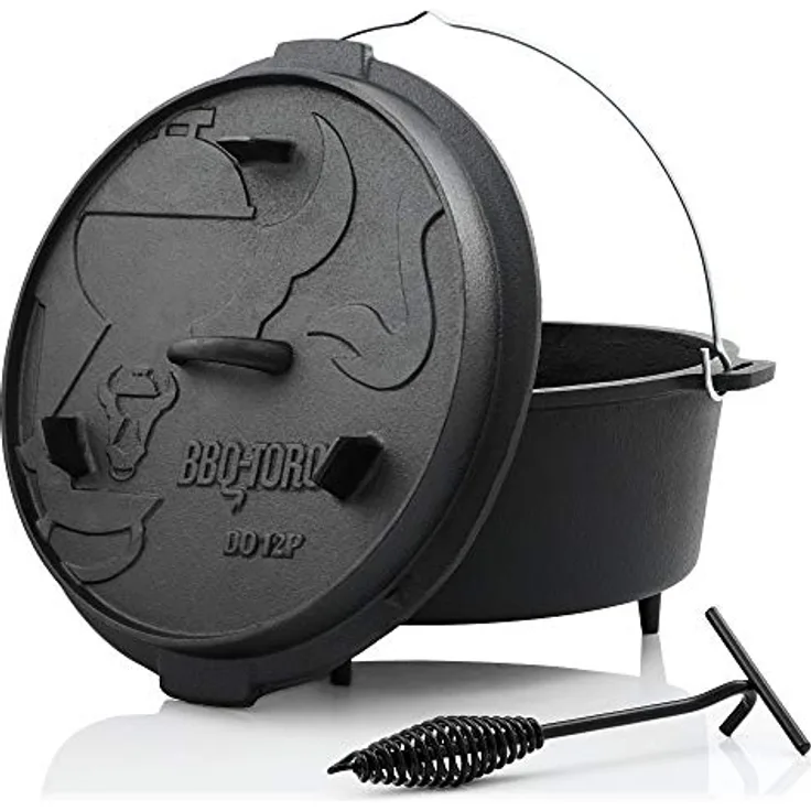 BBQ-Toro Dutch Oven Premium Serie | 13,6 Liter (DO12P), Topf mit Füße | bereits eingebrannt - preseasoned | Verschiedene Größen | Gusseisen Kochtopf | Bräter mit Deckelheber