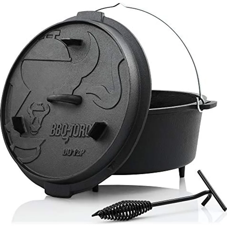 BBQ-Toro Dutch Oven Premium Serie | 13,6 Liter (DO12P), Topf mit Füße | bereits eingebrannt - preseasoned | Verschiedene Größen | Gusseisen Kochtopf | Bräter mit Deckelheber – Bild 1