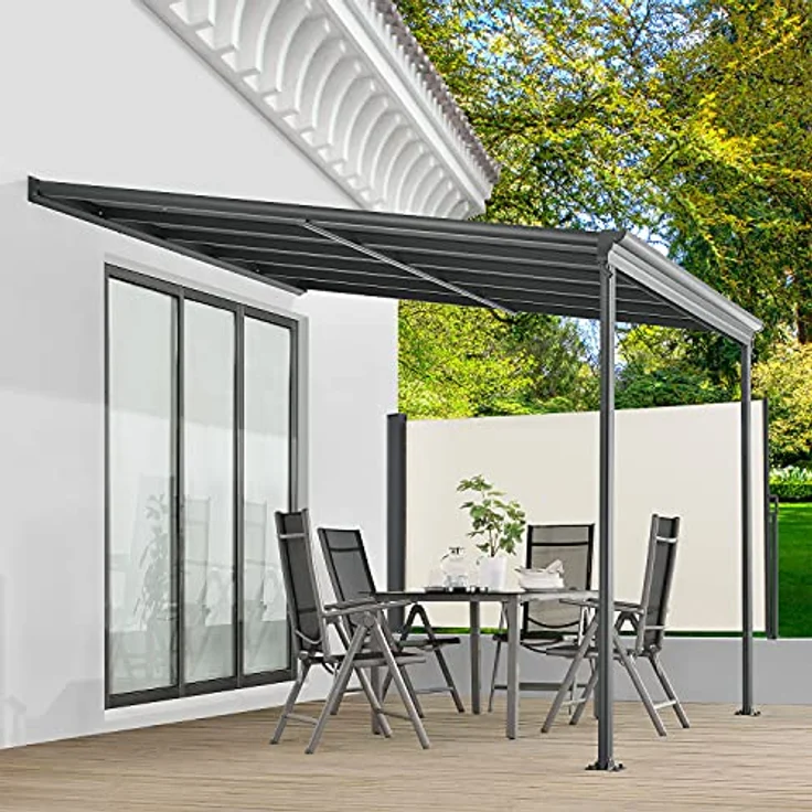 Juskys Terrassenüberdachung Borneo 3x3 m — Sonnenschutz aus Aluminium mit transparenten Doppelstegplatten — Terrassendach zur Wandmontage in Anthrazit – Bild 3