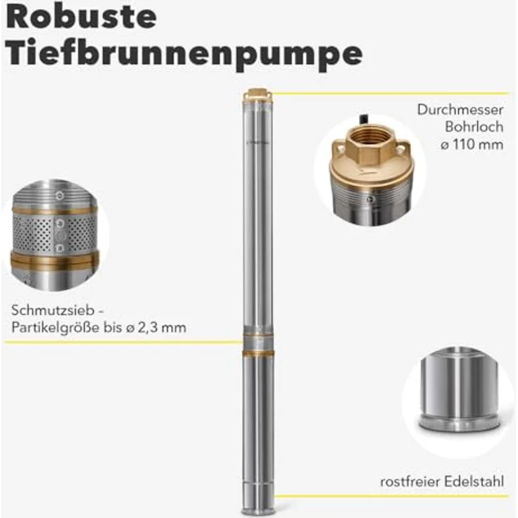 TROTEC Tiefbrunnenpumpe TDP 7501 E, Wasserpumpe 6000 l/h, 1100 W, Förderhöhe 90 m, Edelstahl, IP68 – Bild 3