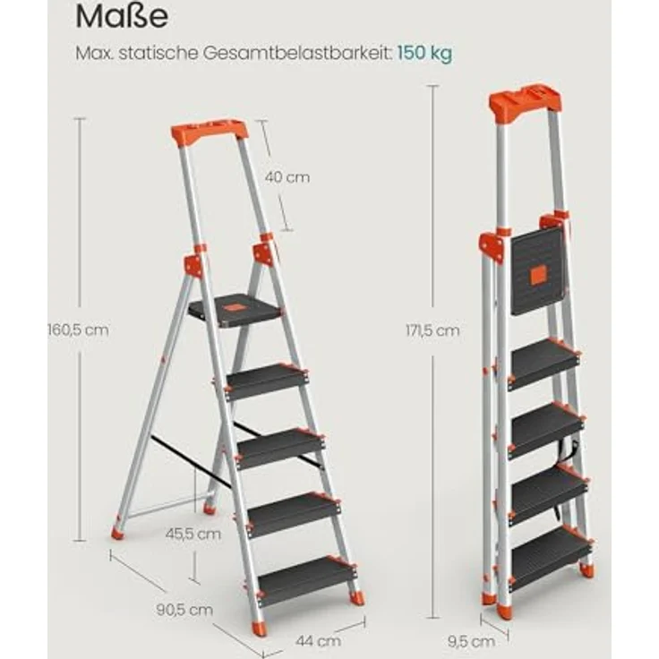 SONGMICS Leiter mit 5 Stufen, Aluleiter, 12 cm breite Stufen mit Riffelung, Anti-Rutsch-Füße, mit Handlauf, Werkzeugschale, bis 150 kg belastbar, schwarz-orange – Bild 3