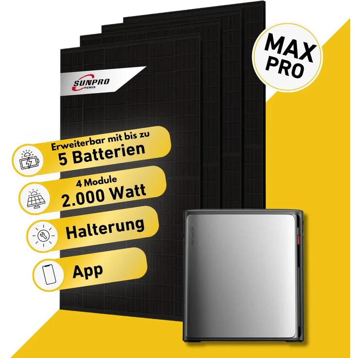 Balkonstrom Balkonkraftwerk 2000W Solaranlage mit 5,024 kWh Speicher, Ziegeldachhalterung, 4x Sunpro Solarmodulen, SunEnergyXT 500 Pro, Notstromfunktion, Kabel 2m