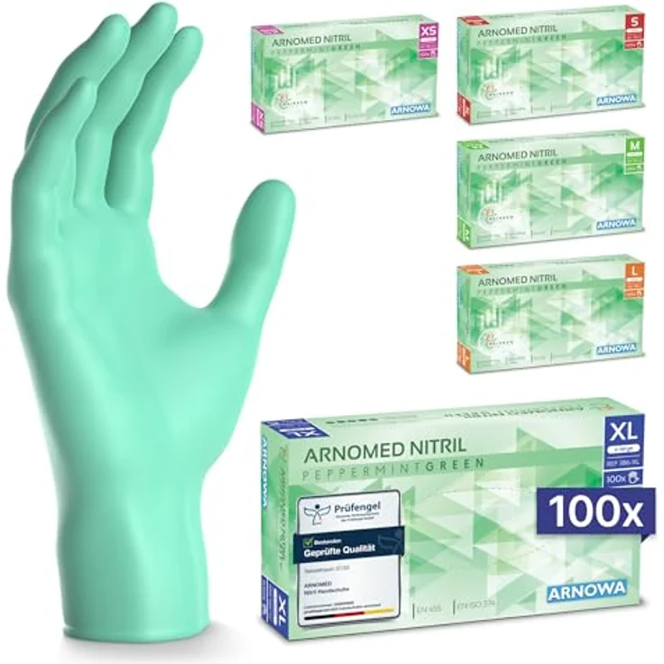 ARNOMED Einweghandschuhe Grün, Nitrilhandschuhe XL, puderfrei, latexfrei, 100 Stück/Box, optimaler Grip, Lebensmittelgeeignet – Bild 1