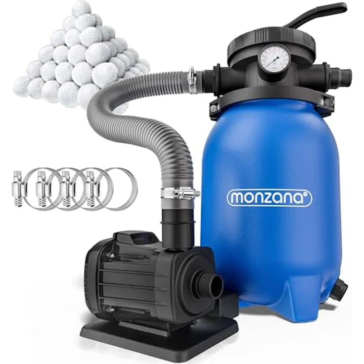 monzana Sandfilteranlage MZPP100, 5000 L/h, für Pools bis 20.000 L, inkl. Filterbälle, 7-Wege-Ventil, schwarz/blau – Bild 1