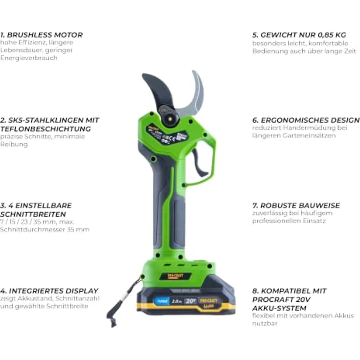 PRO CRAFT Akku-Astschere ES32Li, 20 V Brushless mit 1x 2,0 Ah Akku, Ladegerät und Koffer, max. Schnittdurchmesser 35 mm, ergonomisches Design, SK5-Stahlklingen – Bild 6