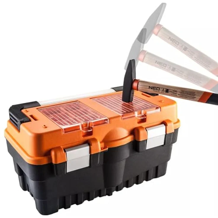 NEO TOOLS Gereedschapkoffer 18", Werkzeugkasten mit Aluminium-Schnappverschlüssen, 2 Aufbewahrungsfächern aus Polycarbonat, klappbarer Schale, 46.2 x 25.6 x 24.2 cm – Bild 3