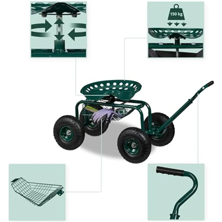Relaxdays fahrbarer Gartensitz mit Stauraum, höhenverstellbar 40-49 cm, belastbar bis 150 kg, grün, mit Lufträdern für Gartenarbeit – Bild 3